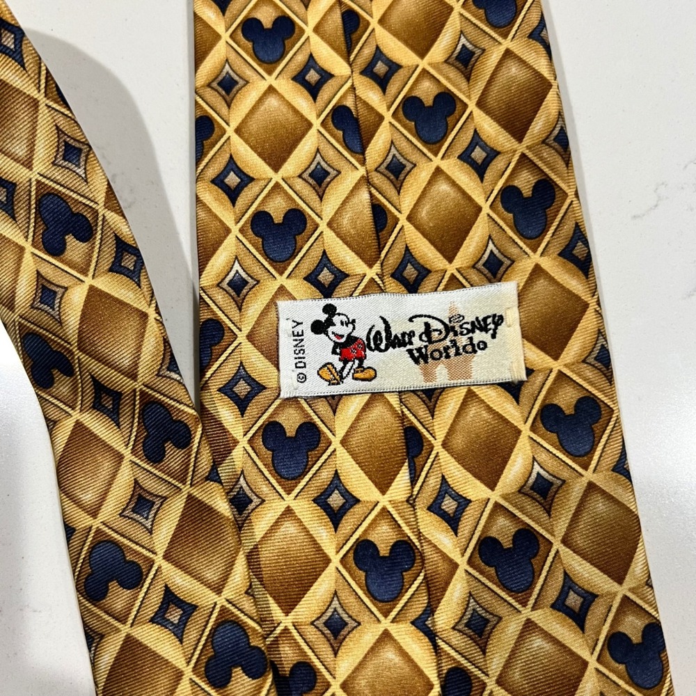 Walt Disney World Mickey Mouse Silk Tie Mens Gold Navy Blue Geometric Diamond - Picture 2 of 4